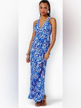 Lilly Pulitzer Serena V-Neck Maxi Dress in Blue Tang Flocking Fabulous
